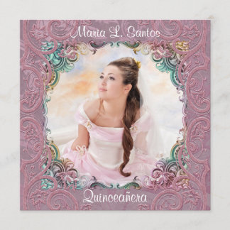 Aquamarin Blue Pink Picture Quinceanera Einladung