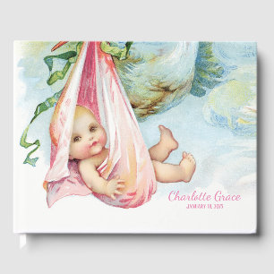 Aquamarin Blue Pink Vintag Stork Baby Dusche Gästebuch