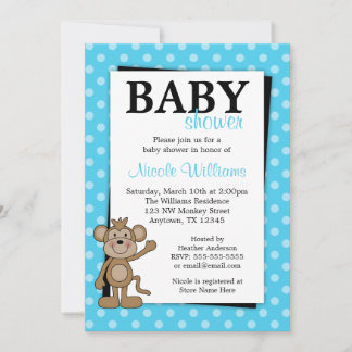 Aquamarin Blue Polka Dot Monkey Baby Dusche Einlad Einladung