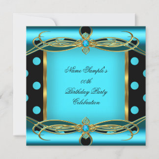 Aquamarin Blue Polka Dots Gold Black Birthday Part Einladung