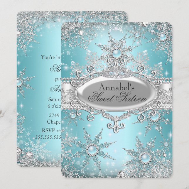 Aquamarin Blue Princess Winter Wonderland Sweet 16 Einladung (Vorne/Hinten)