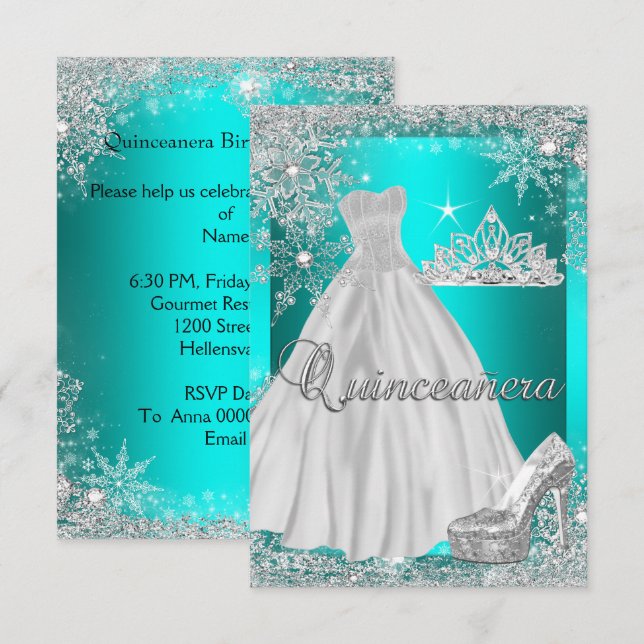Aquamarin Blue Quinceanera 15. Geburtstagsparty Einladung (Vorne/Hinten)