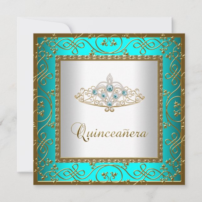 Aquamarin Blue Quinceanera Gold Tiara Einladung (Vorderseite)
