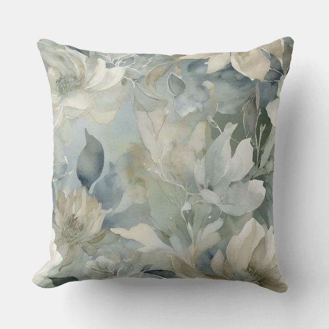 Aquamarin Blue Sage Green Beige Aquarell Floral Kissen (Vorderseite)