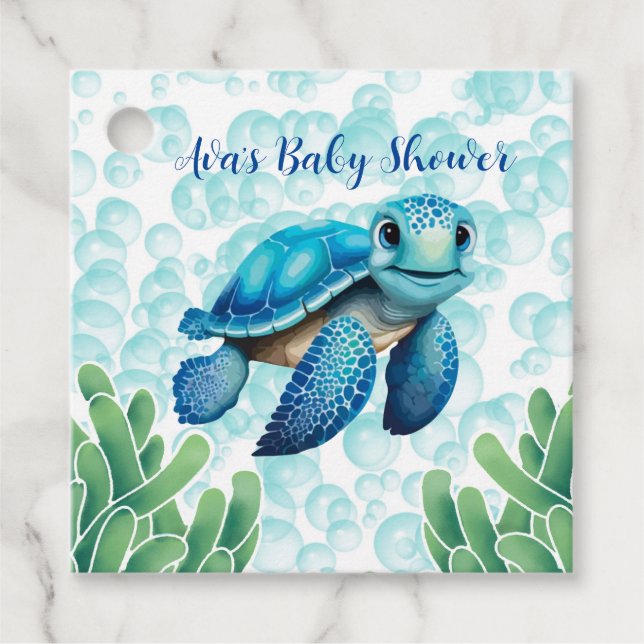 Aquamarin Blue Sea Turtle Seaweed Boy Baby Dusche Geschenkanhänger (Vorderseite)