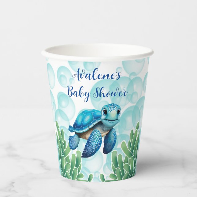 Aquamarin Blue Sea Turtle Seaweed Boy Baby Dusche Pappbecher (Vorderseite)