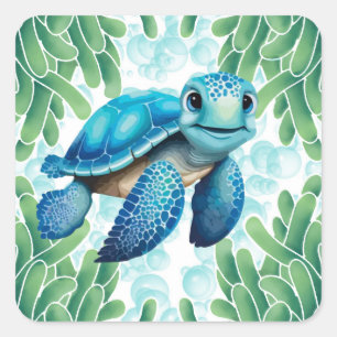 Aquamarin Blue Sea Turtle Seaweed Boy Baby Dusche Quadratischer Aufkleber