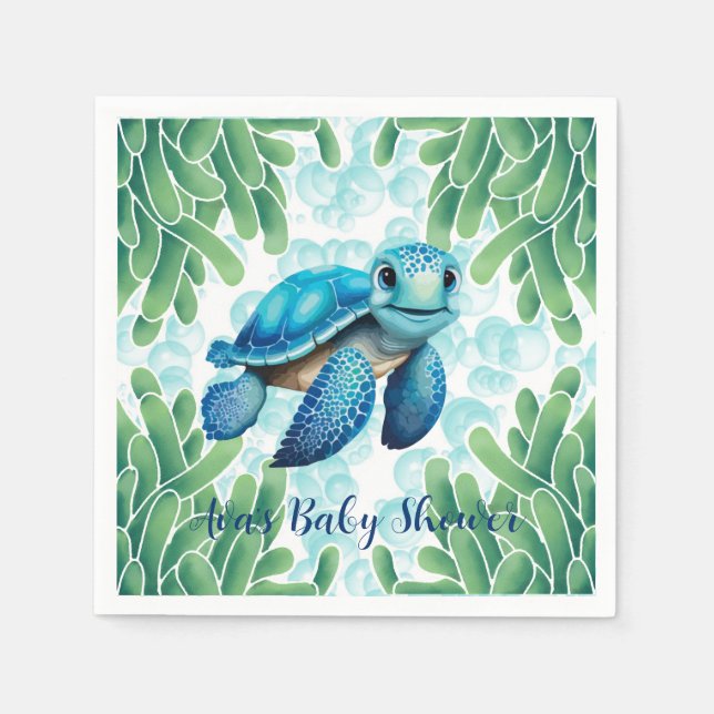Aquamarin Blue Sea Turtle Seaweed Boy Baby Dusche Serviette (Vorderseite)