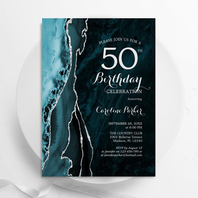 Aquamarin Blue Silver Agate 50. Geburtstag Einladung (Von Creator hochgeladen)