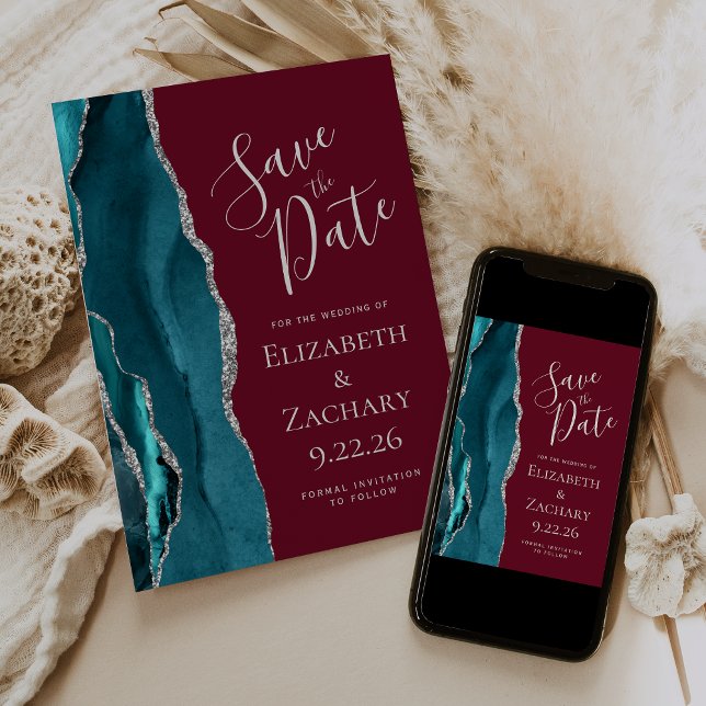 Aquamarin Blue Silver Agate Burgundy Save the Date (Von Creator hochgeladen)