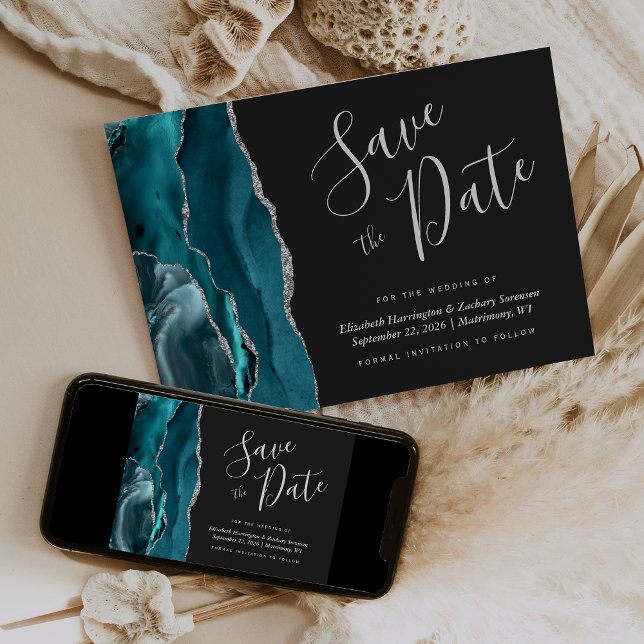 Aquamarin Blue Silver Agate Dark Save the Date Car Einladung (Von Creator hochgeladen)