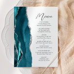 Aquamarin Blue Silver Agate Moderne Skripthochzeit Menükarte<br><div class="desc">Dieses elegante,  moderne Hochzeitsmenü besticht durch eine aquamarine blaue Aquarellwand,  die mit Imitaten bestickt ist,  die mit silberfarbenem Glitzer geschmückt sind. Der benutzerdefinierbare Text kombiniert handgeschriebene handgeschriebene Schriftzeichen aus Holzkohle und serifenlose Schriftart auf weißem Hintergrund. Das aquamarine und silberne Agerdesign wird auf der Rückseite wiederholt.</div>
