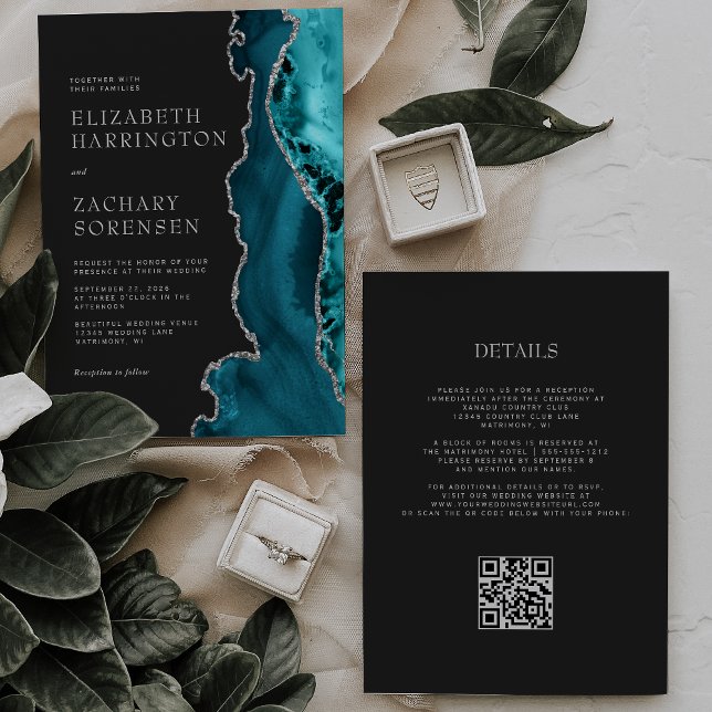 Aquamarin Blue Silver Agate QR Code Hochzeit Einladung (Von Creator hochgeladen)