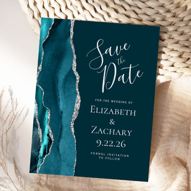 Aquamarin Blue Silver Agate Save the Date Ankündigungspostkarte (Von Creator hochgeladen)