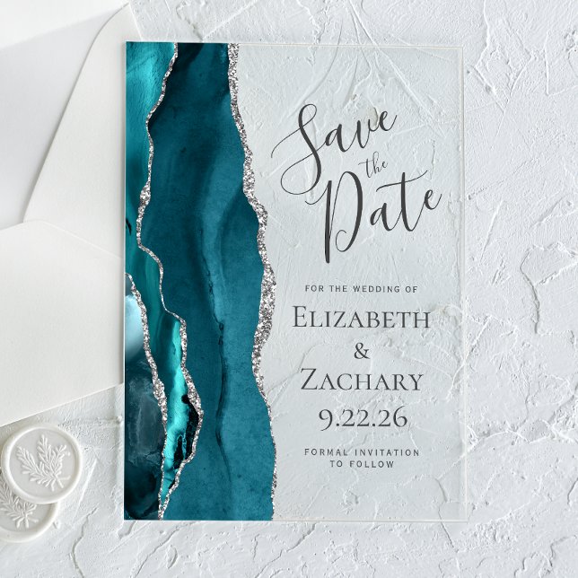 Aquamarin Blue Silver Agate Save the Date Card Acryleinladungen (Von Creator hochgeladen)
