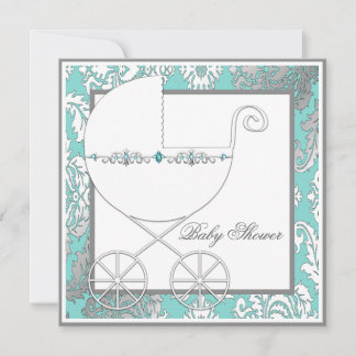 Aquamarin Blue Silver Carriage Baby Shower Einladu Einladung