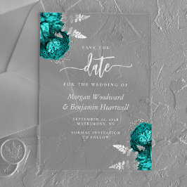 Aquamarin Blue Silver Floral Wedding Save the Date Acryleinladungen