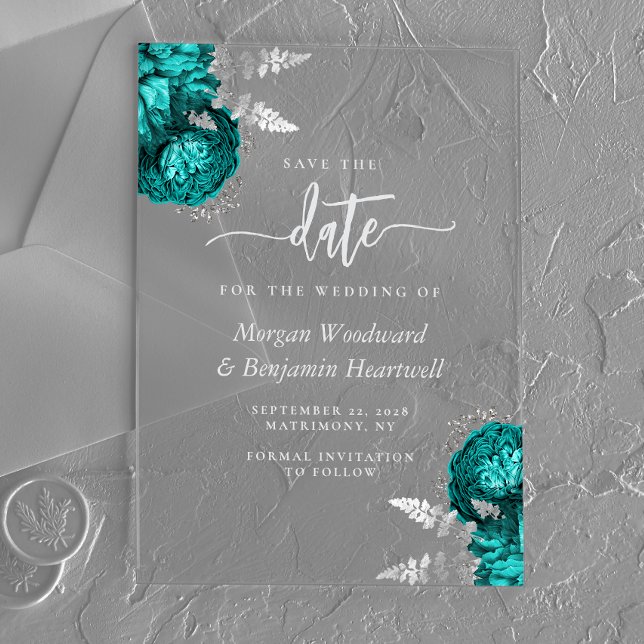 Aquamarin Blue Silver Floral Wedding Save the Date Acryleinladungen (Von Creator hochgeladen)