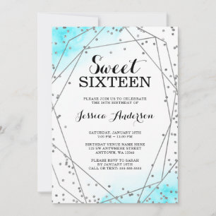 Aquamarin Blue Silver Glitzer Geometric Sweet 16 Einladung