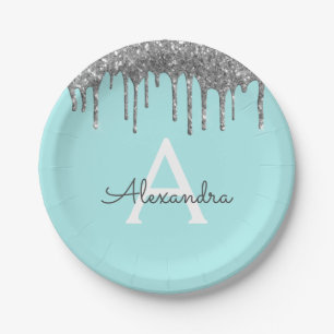Aquamarin Blue Silver Glitzer Monogram Birthday Pappteller
