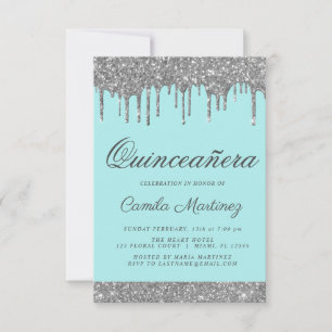 Aquamarin Blue Silver Glitzer Quinceñera Celebrati Einladung