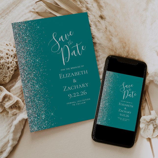 Aquamarin Blue Silver Glitzer Save the Date Ankündigung (Von Creator hochgeladen)