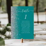 Aquamarin Blue Silver Glitzer Wedding Tischnummer<br><div class="desc">Der links Rand dieser eleganten modernen Hochzeitskarte weist eine silberne Imitat-Glitzer-Grenze auf. Das Wort "Tabelle" erscheint in silbergrau whimsical Handschrift Skript auf einem aquamarinen blauen Hintergrund. Fügen Sie die Namen Ihrer Gäste hinzu,  die jeder Tabelle zugeordnet sind.</div>