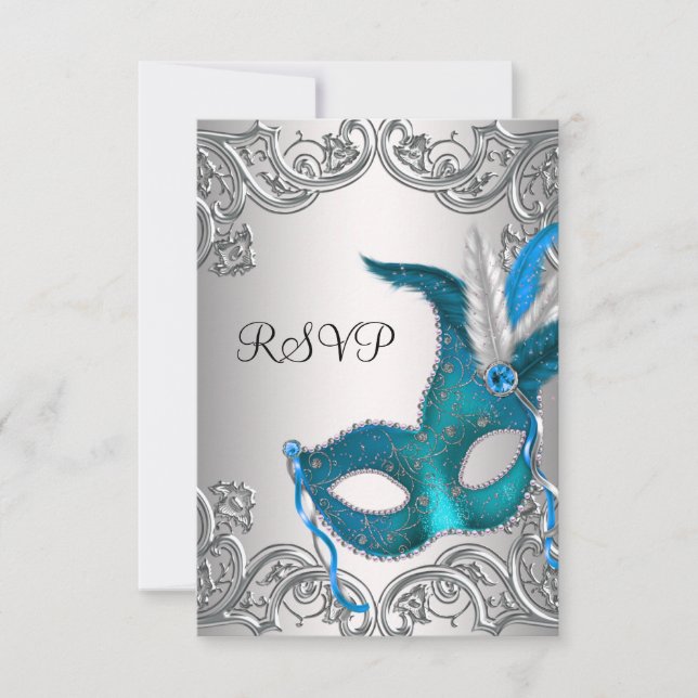 Aquamarin Blue Silver Mask Masquerade Party UAWG RSVP Karte (Vorderseite)