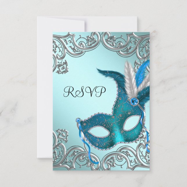 Aquamarin Blue Silver Mask Masquerade Party UAWG RSVP Karte (Vorderseite)