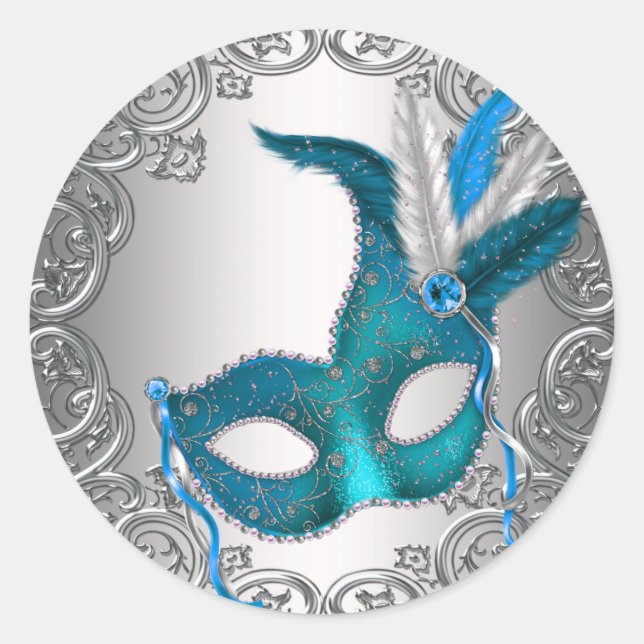 Aquamarin Blue Silver Mask Masquerade Umschlag Auf Runder Aufkleber (Vorderseite)