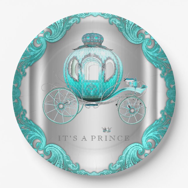 Aquamarin Blue Silver Prince Baby Dusche Pappteller (Vorderseite)