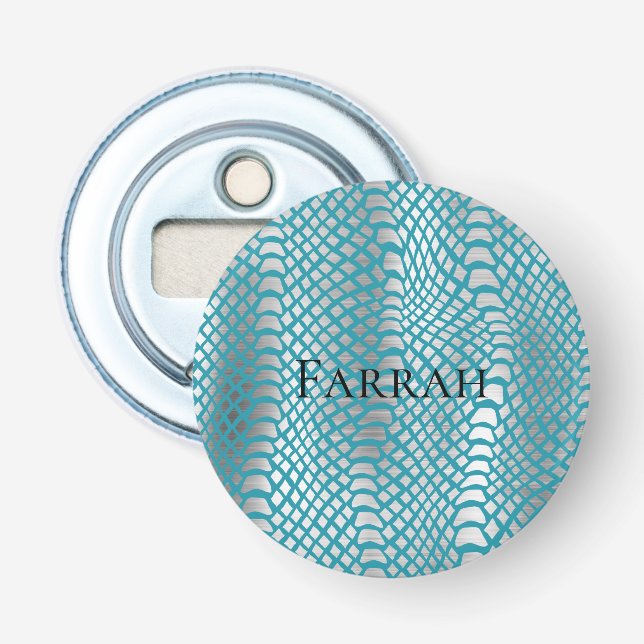 Aquamarin Blue Silver Schlange Print Flaschenöffner (Vorderseite)