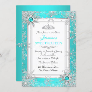 Aquamarin Blue Silver Winter Wonderland Sweet 16 P Einladung