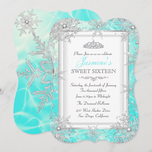 Aquamarin Blue Silver Winter Wonderland Sweet 16 P Einladung (Vorne/Hinten)