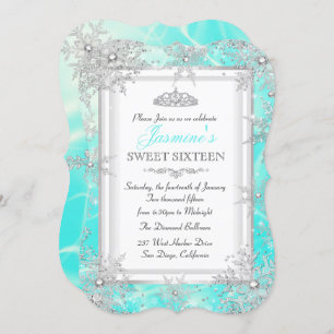 Aquamarin Blue Silver Winter Wonderland Sweet 16 P Einladung
