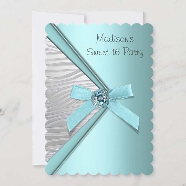 Aquamarin Blue Silver Zebra Sweet 16 Party Einladung (Vorderseite)