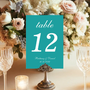 Aquamarin Blue Simple White Script Calligraphy Wed Tischnummer