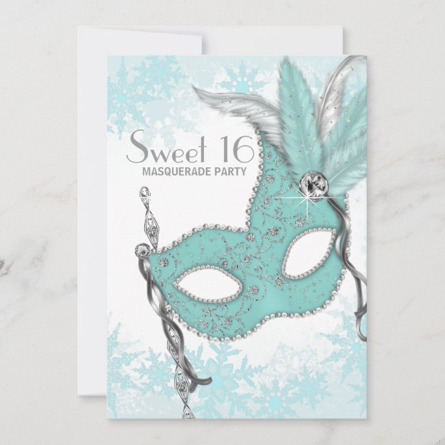 Aquamarin Blue Snowflake Sweet 16 Masquerade Party Einladung (Vorderseite)