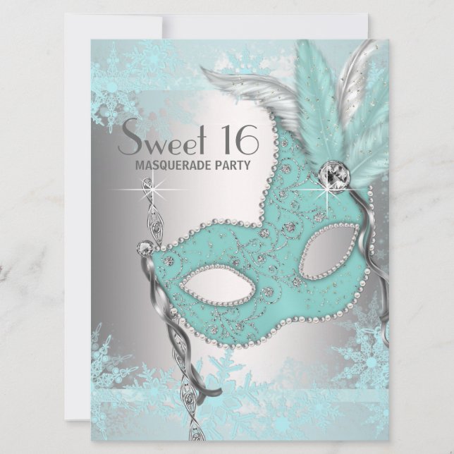 Aquamarin Blue Snowflake Sweet 16 Masquerade Party Einladung (Vorderseite)