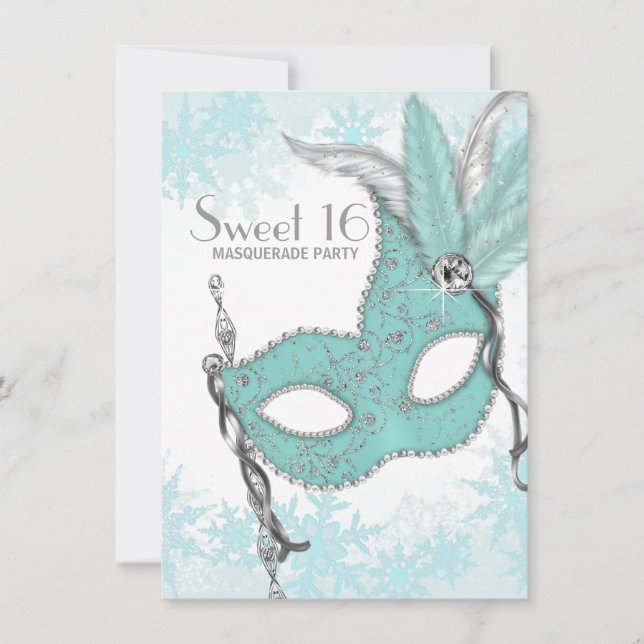 Aquamarin Blue Snowflake Sweet 16 Masquerade Party Einladung (Vorderseite)