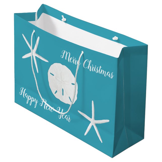 Aquamarin Blue Starfish Weihnachtsgeschenktasche Große Geschenktüte (Vorderseite Schrägansicht)