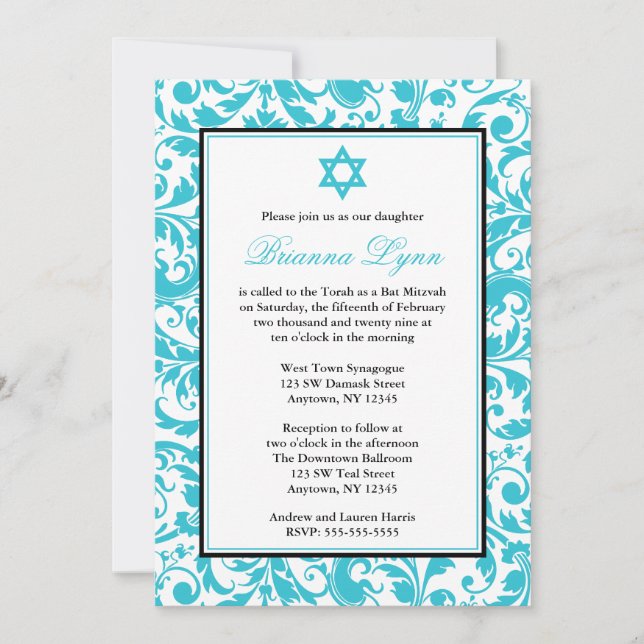Aquamarin Blue Swirl Damask Bat Mitzvah Einladunge Einladung (Vorderseite)