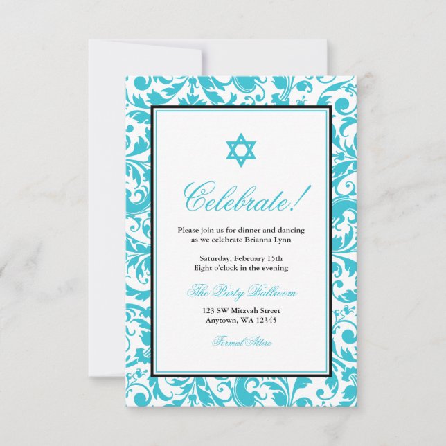 Aquamarin Blue Swirl Damask Bat Mitzvah Empfang Einladung (Vorderseite)