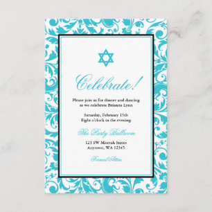 Aquamarin Blue Swirl Damask Bat Mitzvah Empfang Einladung