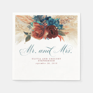 Aquamarin Blue Terracotta Floral Pampas Grass Wedd Serviette