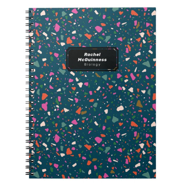 Aquamarin Blue Terrazzo Notebook mit Namen und Bet Notizblock (Vorderseite)