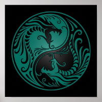 Aquamarin Blue und Black Yin Yang Dragons