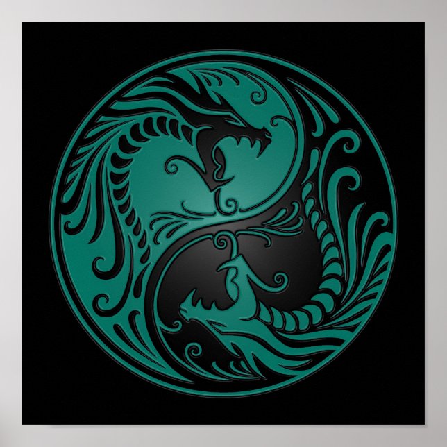 Aquamarin Blue und Black Yin Yang Dragons Poster (Vorne)