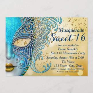 Aquamarin Blue und Gold Sweet 16 Masquerade Party Einladung