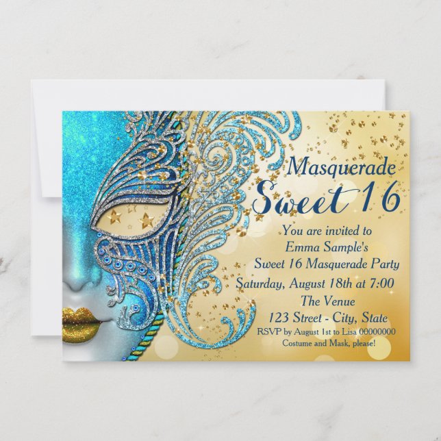 Aquamarin Blue und Gold Sweet 16 Masquerade Party Einladung (Vorderseite)
